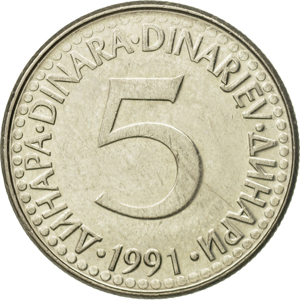 Coin, Yugoslavia, 5 Dinara, 1991, AU(55-58), Copper-Nickel-Zinc, KM:144