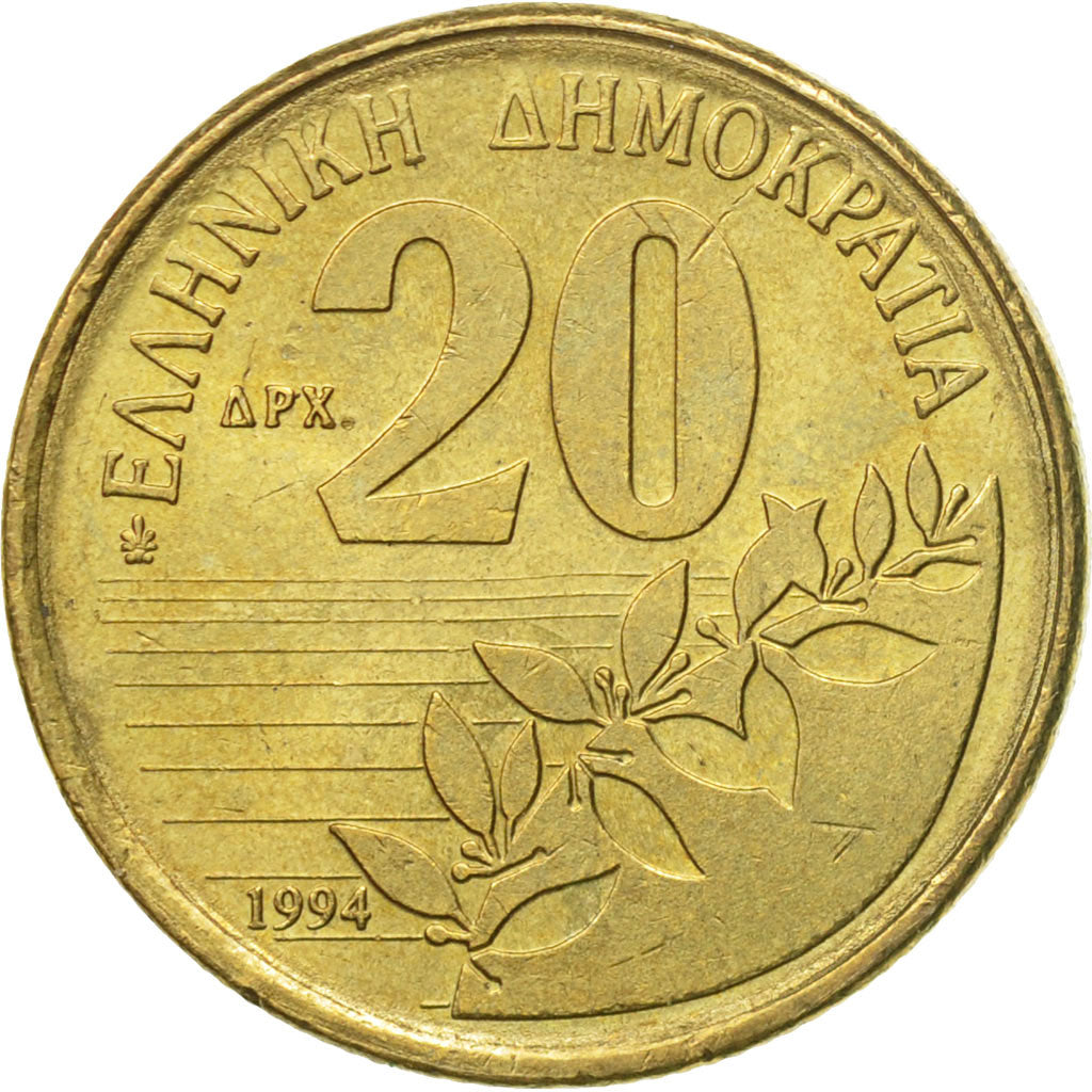 Coin, Greece, 20 Drachmes, 1994, AU(50-53), Aluminum-Bronze, KM:154
