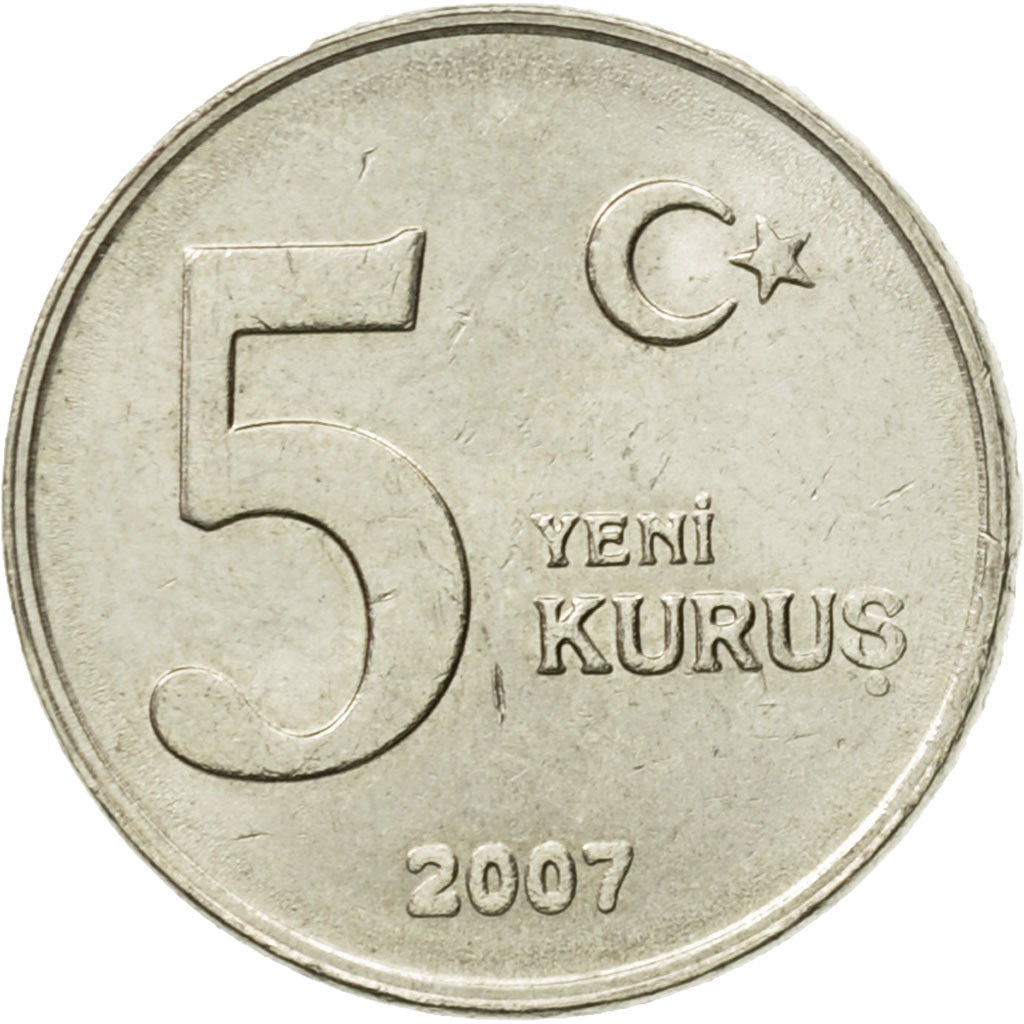 Coin, Turkey, 5 New Kurus, 2007, Istanbul, AU(50-53), Copper-Nickel-Zinc