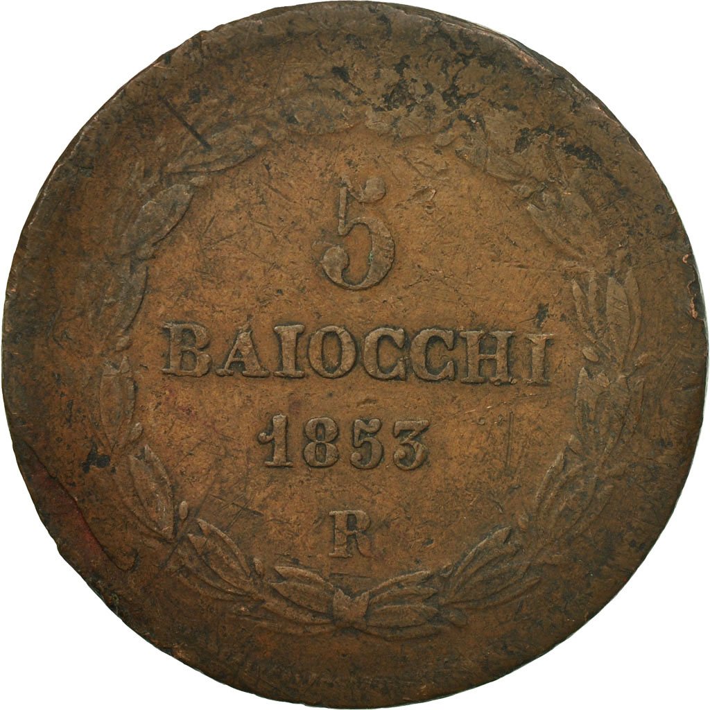 Coin, ITALIAN STATES, PAPAL STATES, Pius IX, 5 Baiocchi, 1853, Rome, F(12-15)