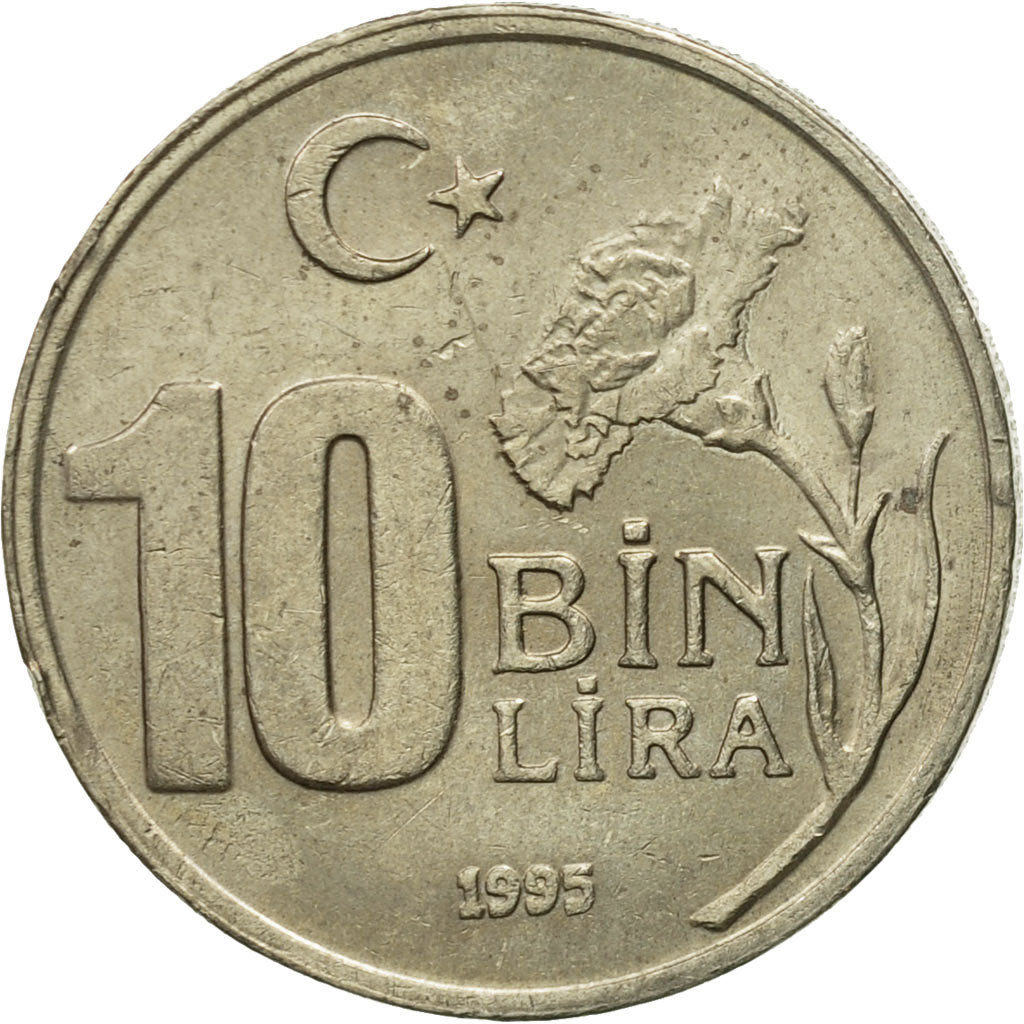 Moneta, Turcja, 10000 Lira, 10 Bin Lira, 1995, AU(50-53), Miedź-Nikiel-Cynk