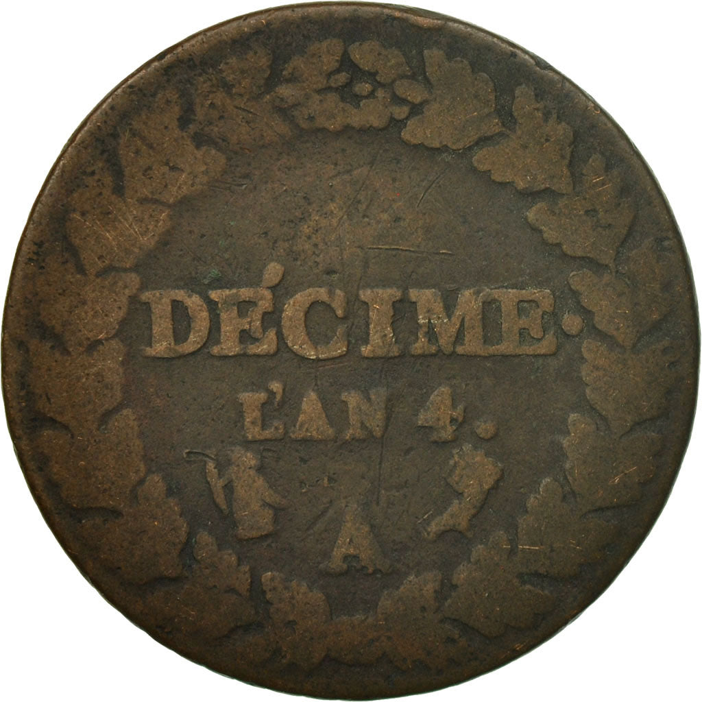 Coin, France, Dupré, Decime, AN 4, Paris, VG(8-10), Bronze, KM:636.1, Le