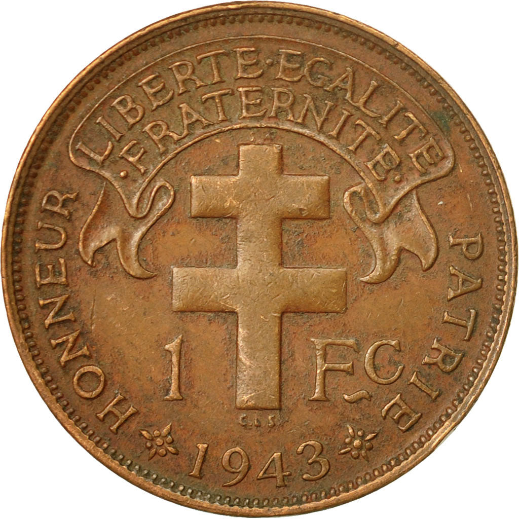 Coin, Cameroon, Franc, 1943, Pretoria, AU(50-53), Bronze, KM:5, Lecompte:16