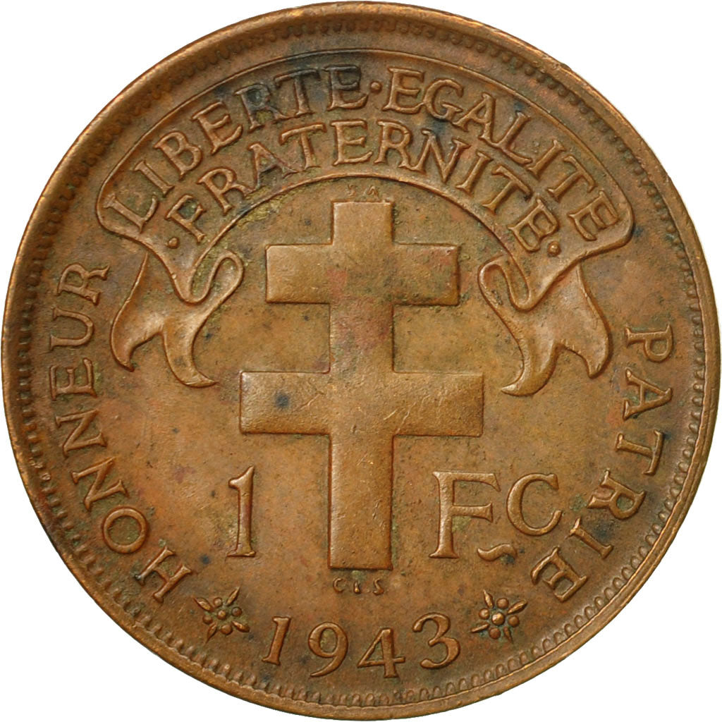 Coin, Cameroon, Franc, 1943, Pretoria, AU(50-53), Bronze, KM:5, Lecompte:16