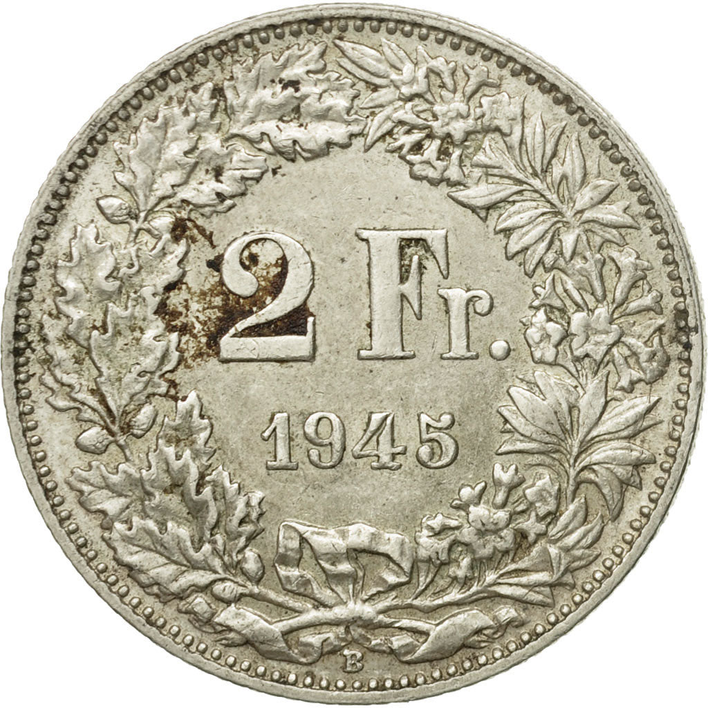 Coin, Switzerland, 2 Francs, 1945, Bern, VF(30-35), Silver, KM:21