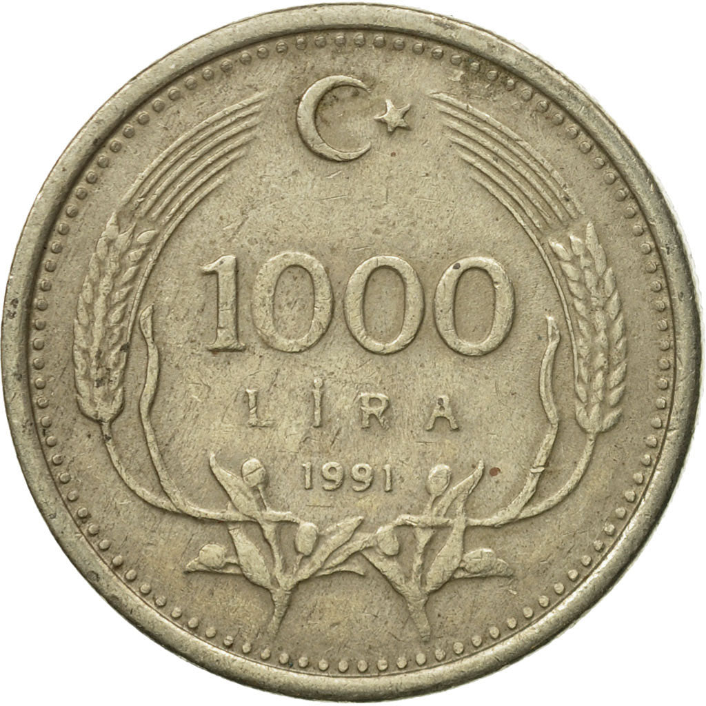 Coin, Turkey, 1000 Lira, 1991, VF(30-35), Nickel-brass, KM:997