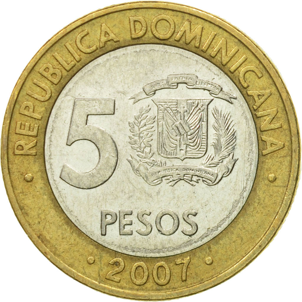 Monnaie, Dominican Republic, 5 Pesos, 2007, TTB+, Bi-Metallic, KM:89