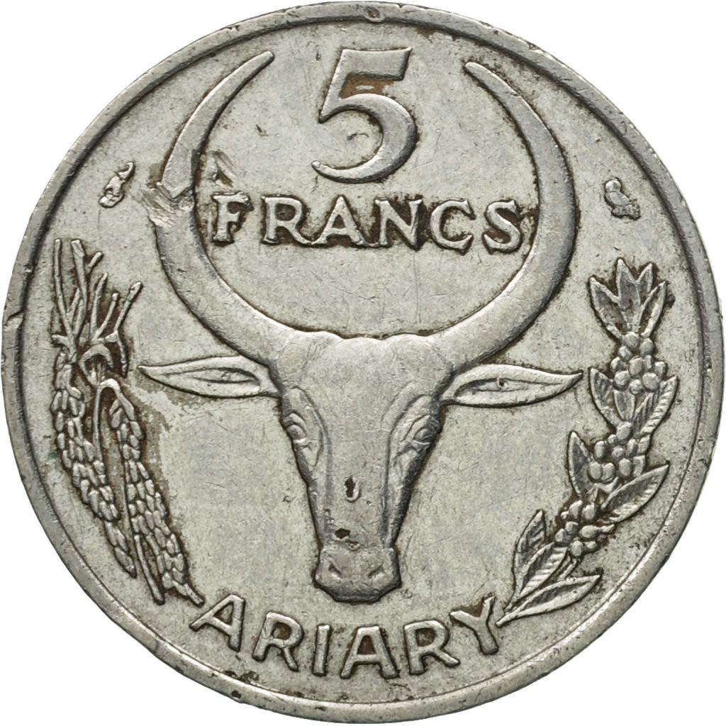 Moneda, Madagascar, 5 Francs, Ariary, 1967, Paris, MBC, Acero inoxidable, KM:10