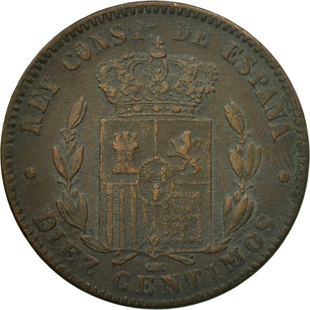 Moneda, España, Alfonso XII, 10 Centimos, 1878, Madrid, MBC+, Bronce, KM:675