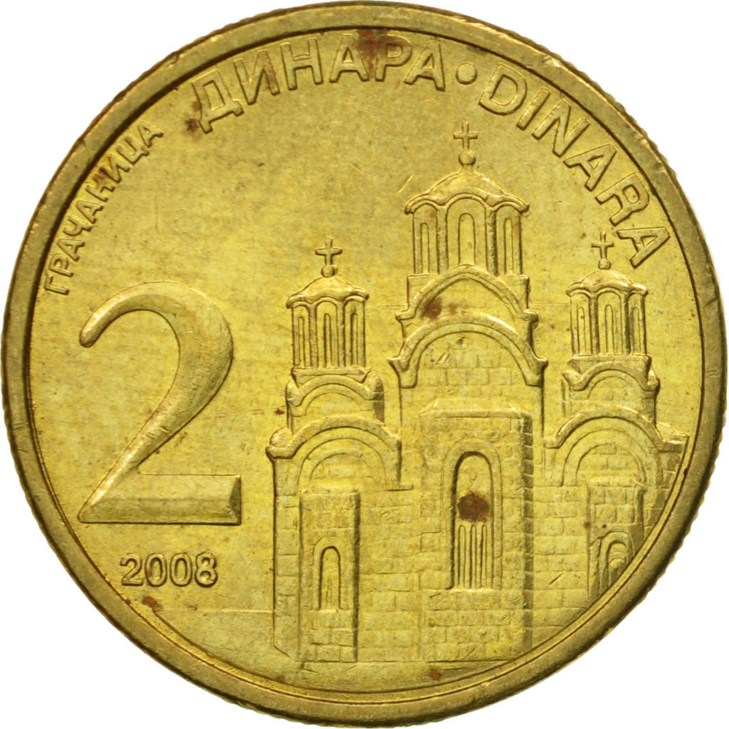 Coin, Serbia, 2 Dinara, 2008, VF(30-35), Nickel-brass, KM:46