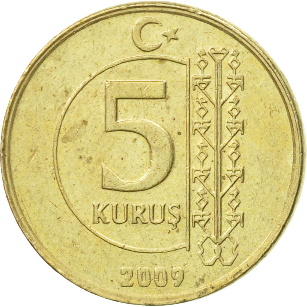 Coin, Turkey, 5 Kurus, 2009, EF(40-45), Brass, KM:1240