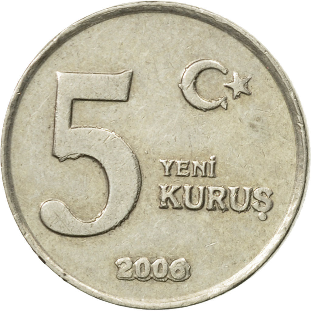 Coin, Turkey, 5 New Kurus, 2006, Istanbul, EF(40-45), Copper-Nickel-Zinc