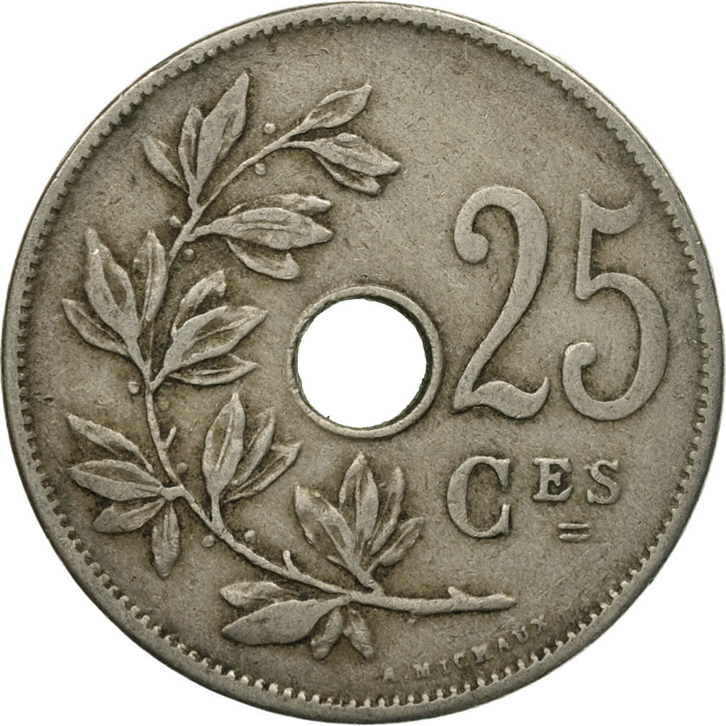 Moneta, Belgio, 25 Centimes, 1909, BB, Rame-nichel, KM:62