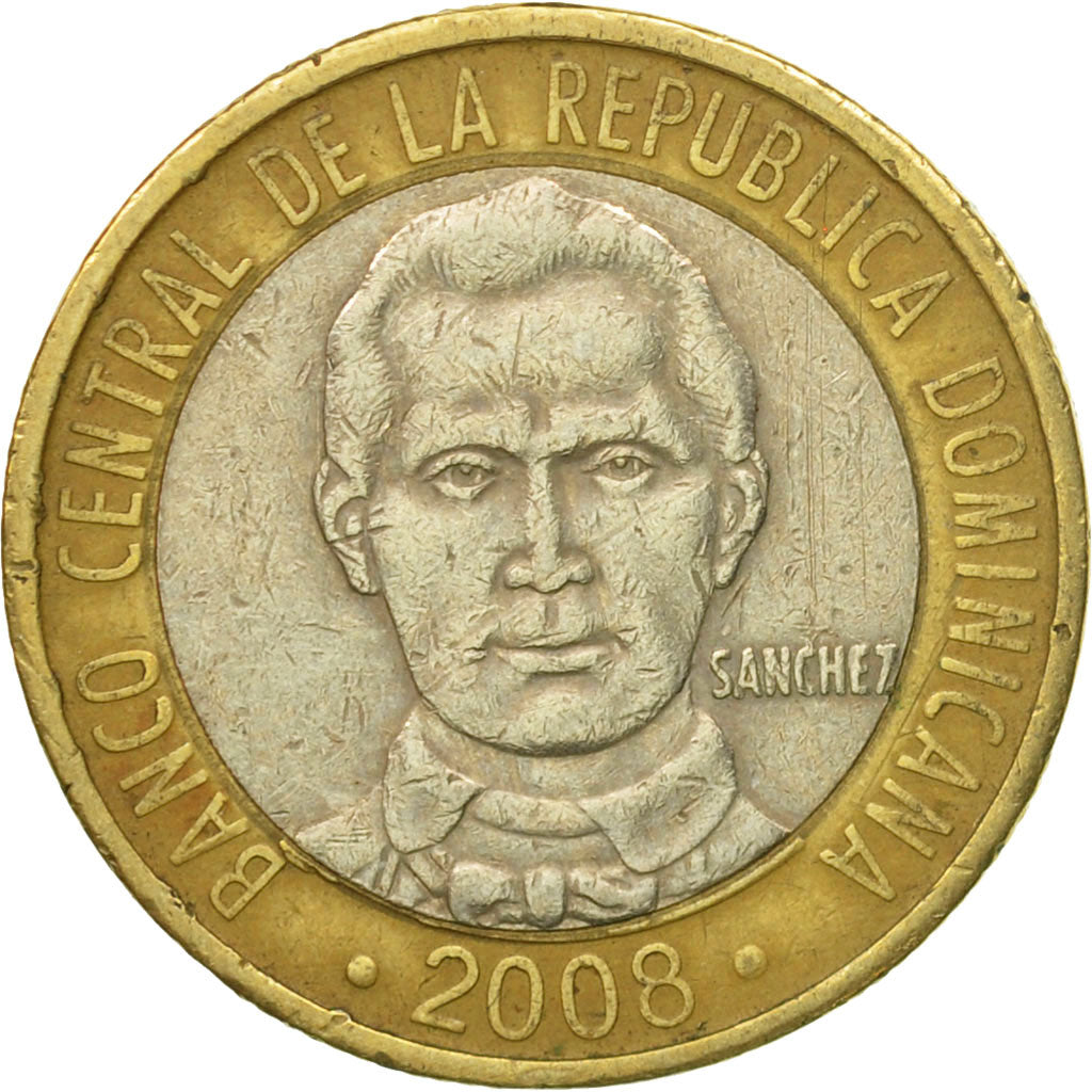 Münze, Dominican Republic, 5 Pesos, 2008, S+, Bi-Metallic, KM:89