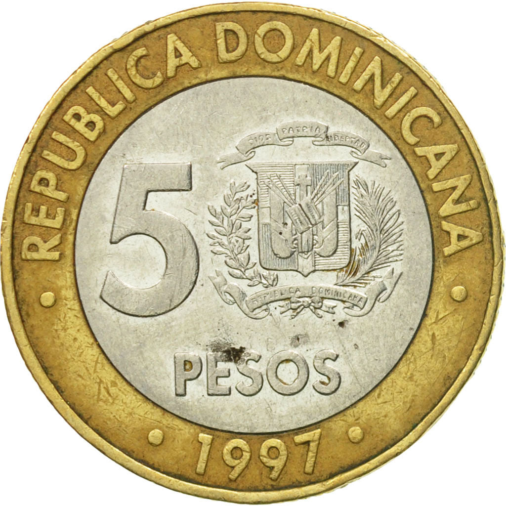Moneta, Republika Dominikany, 5 Pesos, 1997, VF(30-35), Bimetaliczny, KM:88