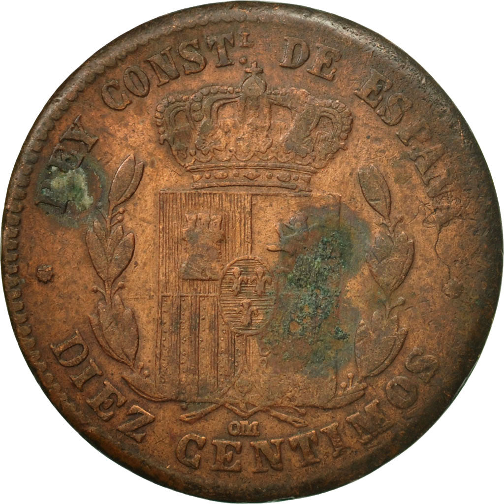 Coin, Spain, Alfonso XII, 10 Centimos, 1879, Madrid, F(12-15), Bronze, KM:675