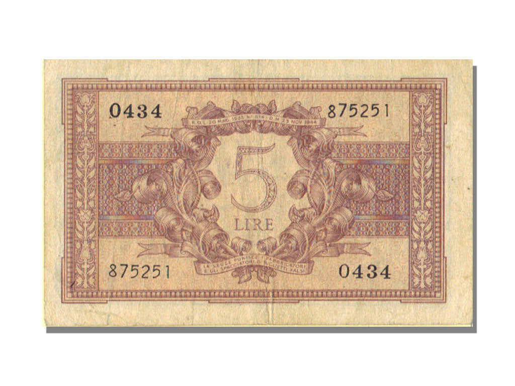 Italy, 5 Lire, 1944, KM #31b, 1944-11-23, AU(50-53), 0434