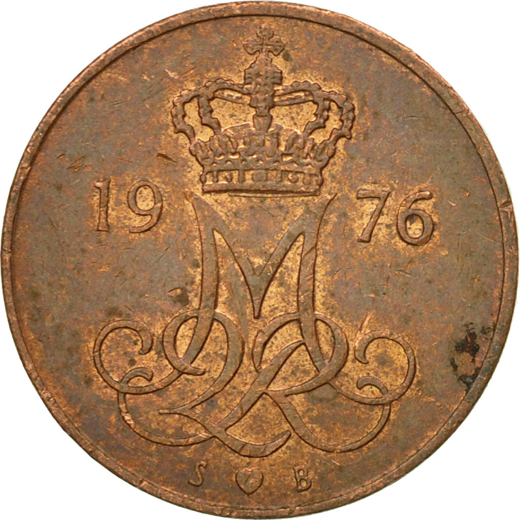 Moneta, Danimarca, Margrethe II, 5 Öre, 1976, Copenhagen, MB+, Ferro placcato