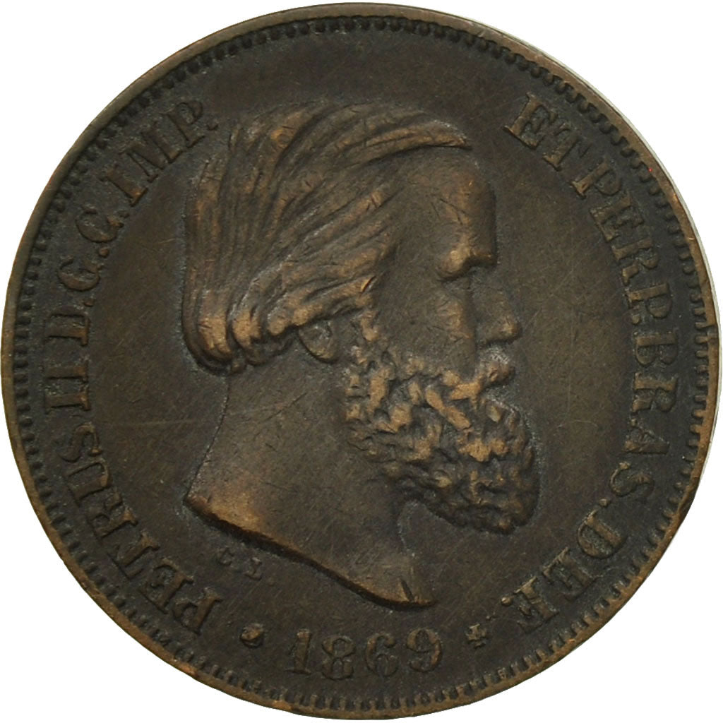 Coin, Brazil, Pedro II, 10 Reis, 1869, AU(50-53), Bronze, KM:473