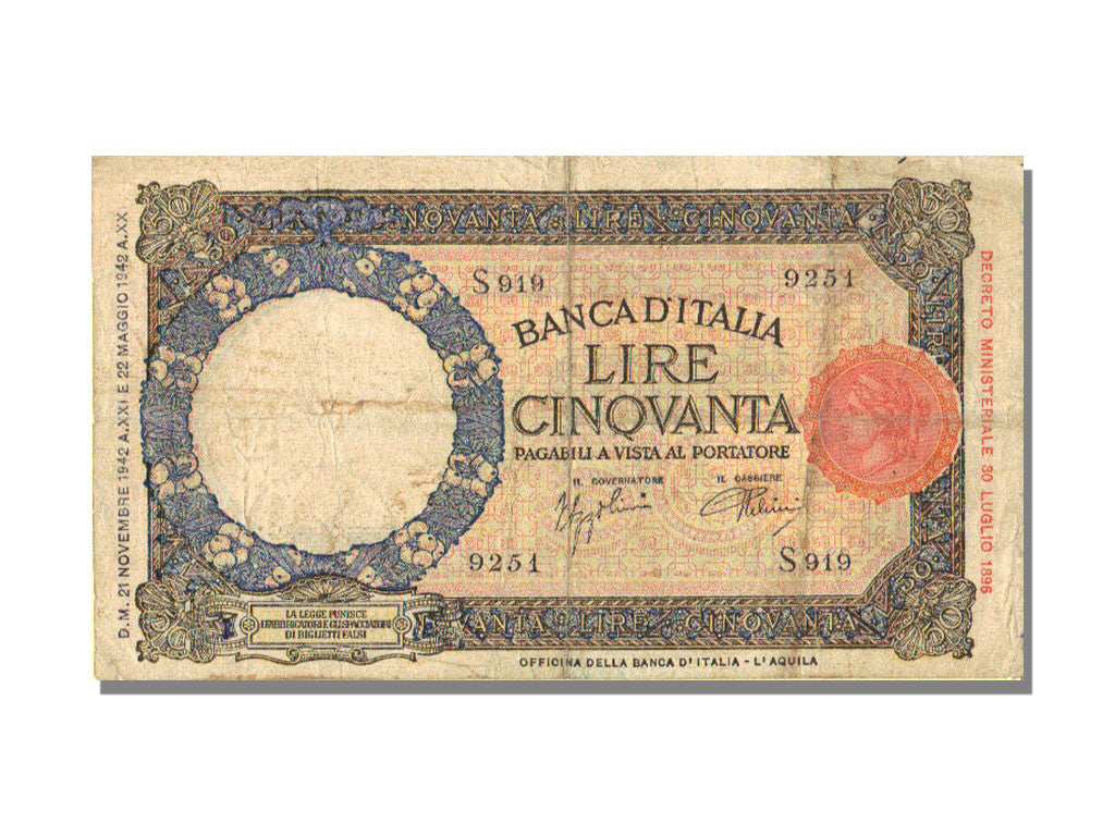 Banknote, Italy, 50 Lire, 1942, 1942-11-21, KM:58, EF(40-45)