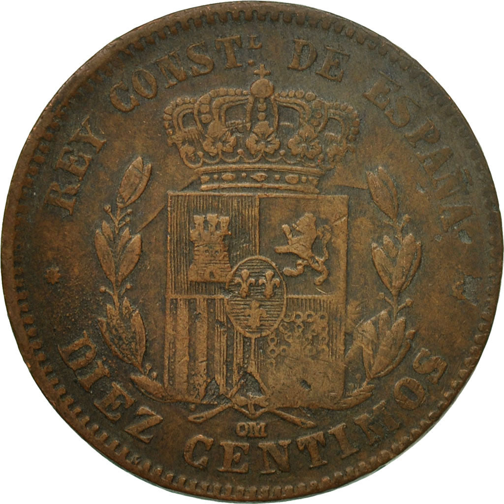 Monnaie, Espagne, Alfonso XII, 10 Centimos, 1878, Madrid, TTB+, Bronze, KM:675
