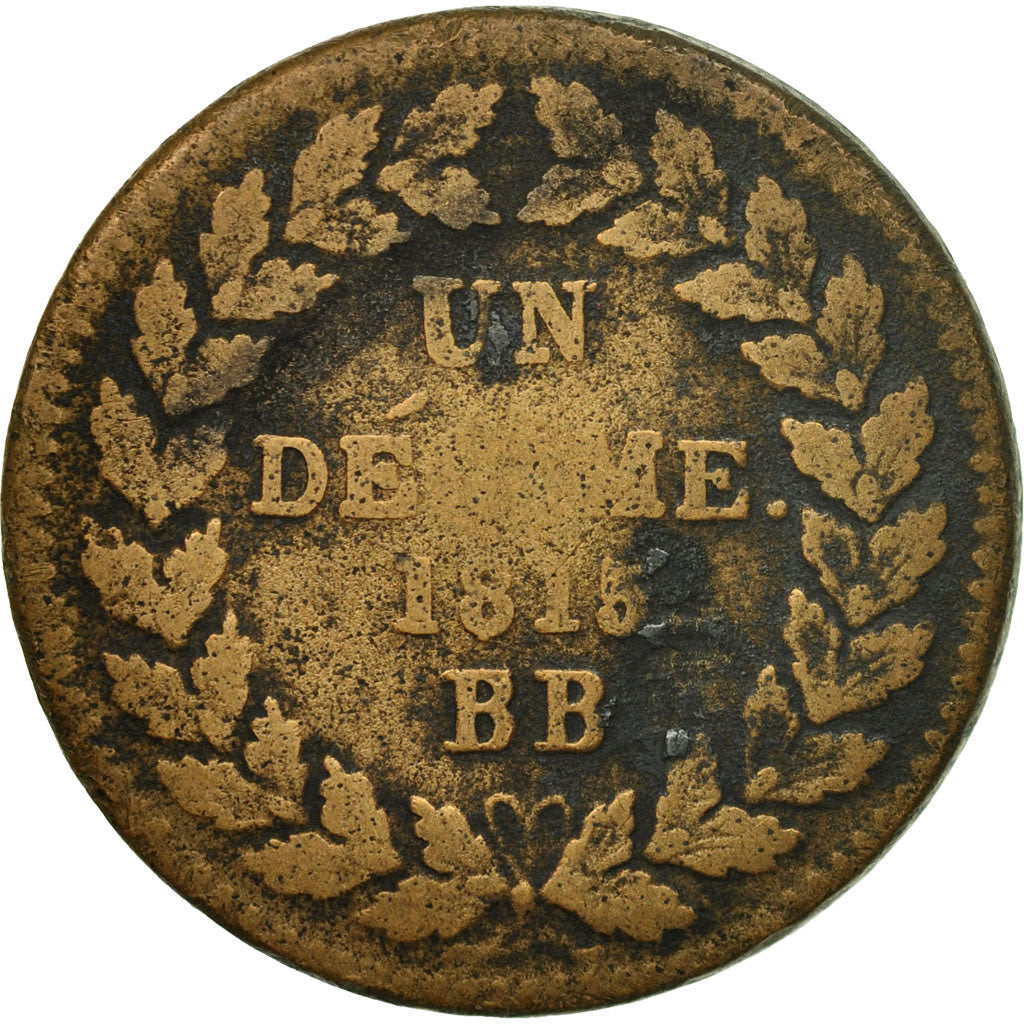 Munten, Frankrijk, Louis XVIII, Decime, 1815, Strasbourg, ZG+, Bronze, KM:701