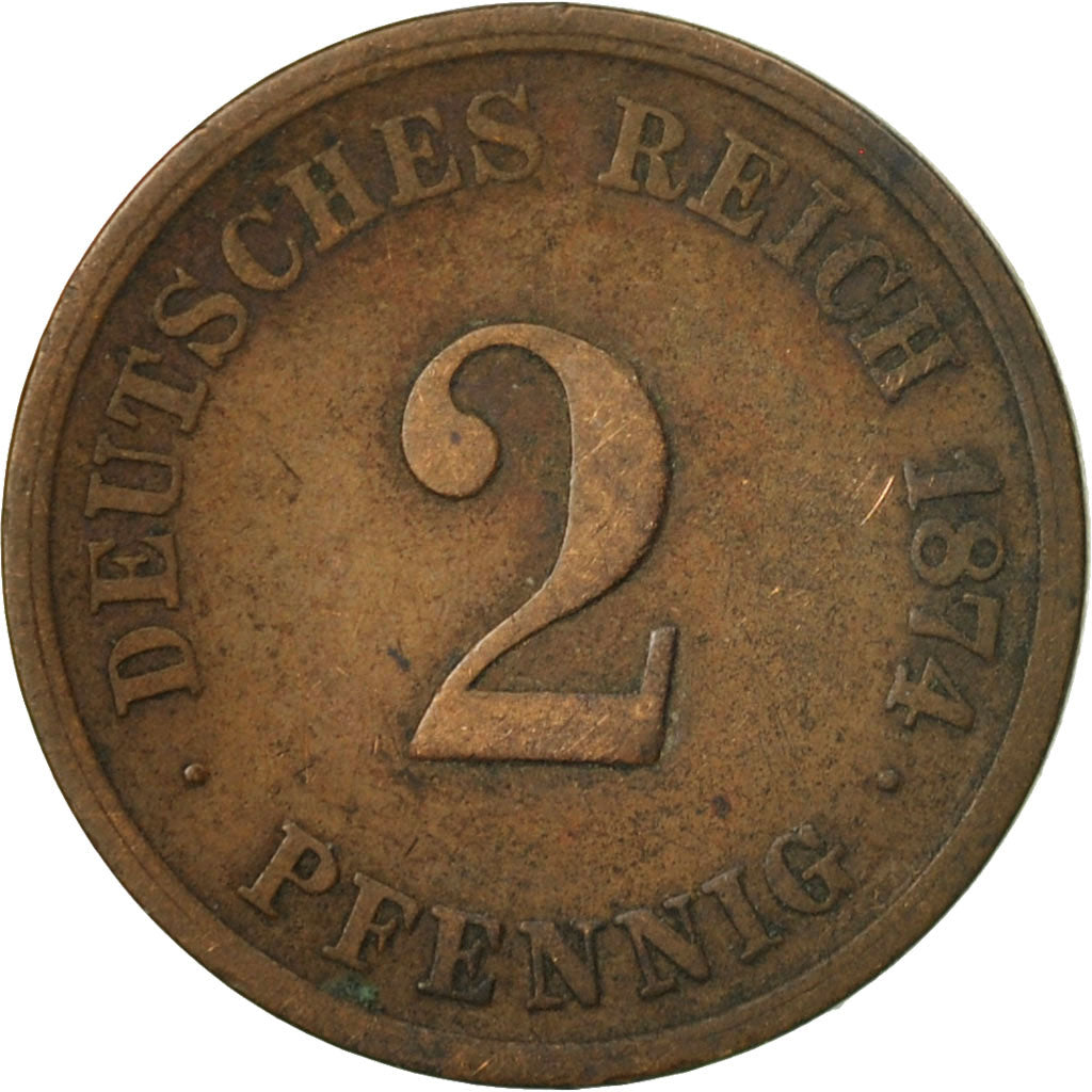 Coin, GERMANY - EMPIRE, Wilhelm I, 2 Pfennig, 1874, Stuttgart, VF(20-25)