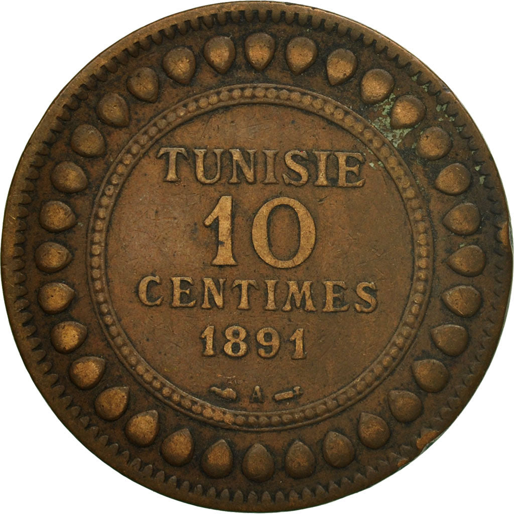 Coin, Tunisia, Ali Bey, 10 Centimes, 1891, Paris, EF(40-45), Bronze, KM:222