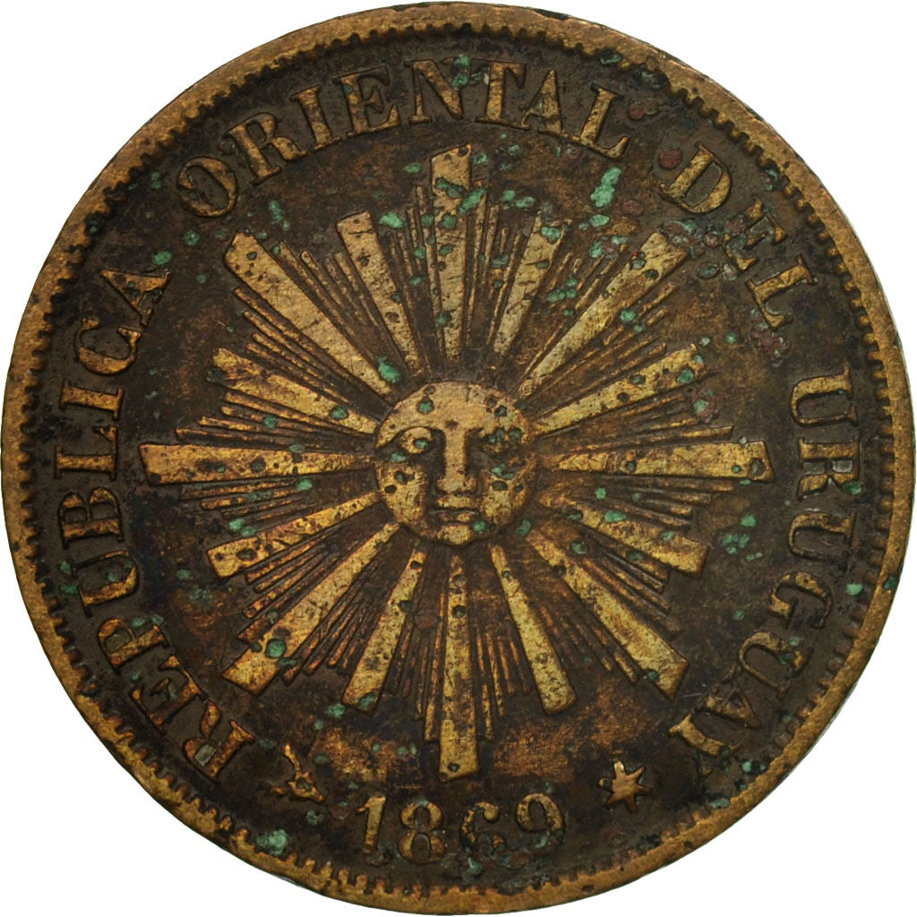 Coin, Uruguay, Centesimo, 1869, Uruguay Mint, Birmingham, F(12-15), Bronze