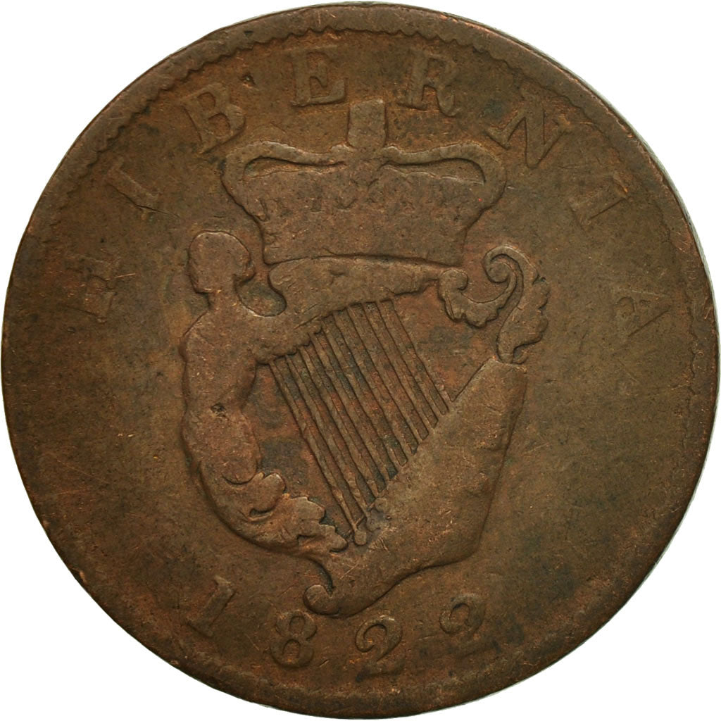 Coin, Ireland, 1/2 Penny, 1822, F(12-15), Copper, KM:150