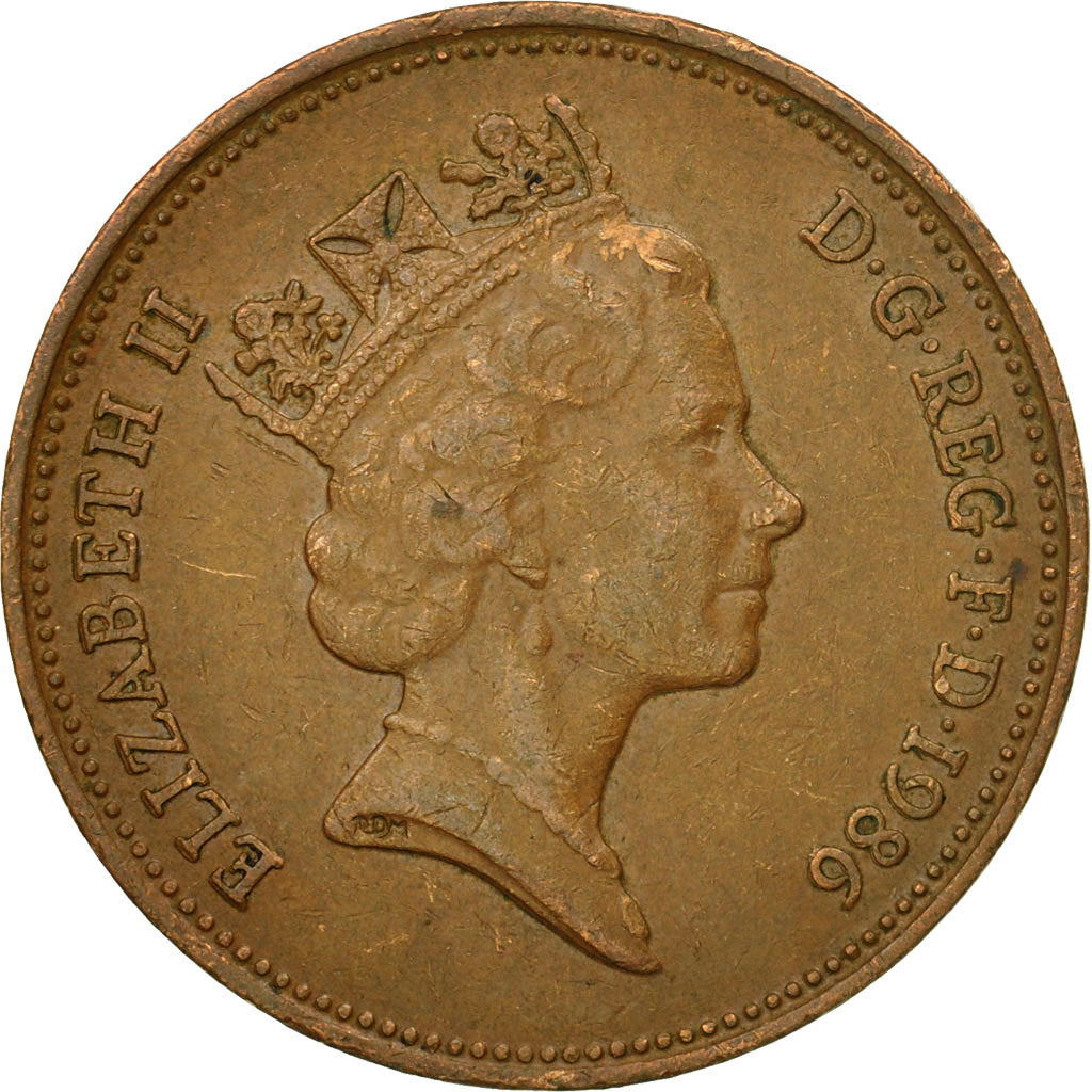 Moneda, Gran Bretaña, Elizabeth II, 2 Pence, 1986, BC+, Bronce, KM:936