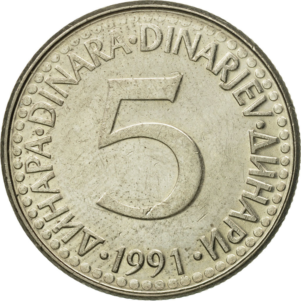 Coin, Yugoslavia, 5 Dinara, 1991, AU(50-53), Copper-Nickel-Zinc, KM:144