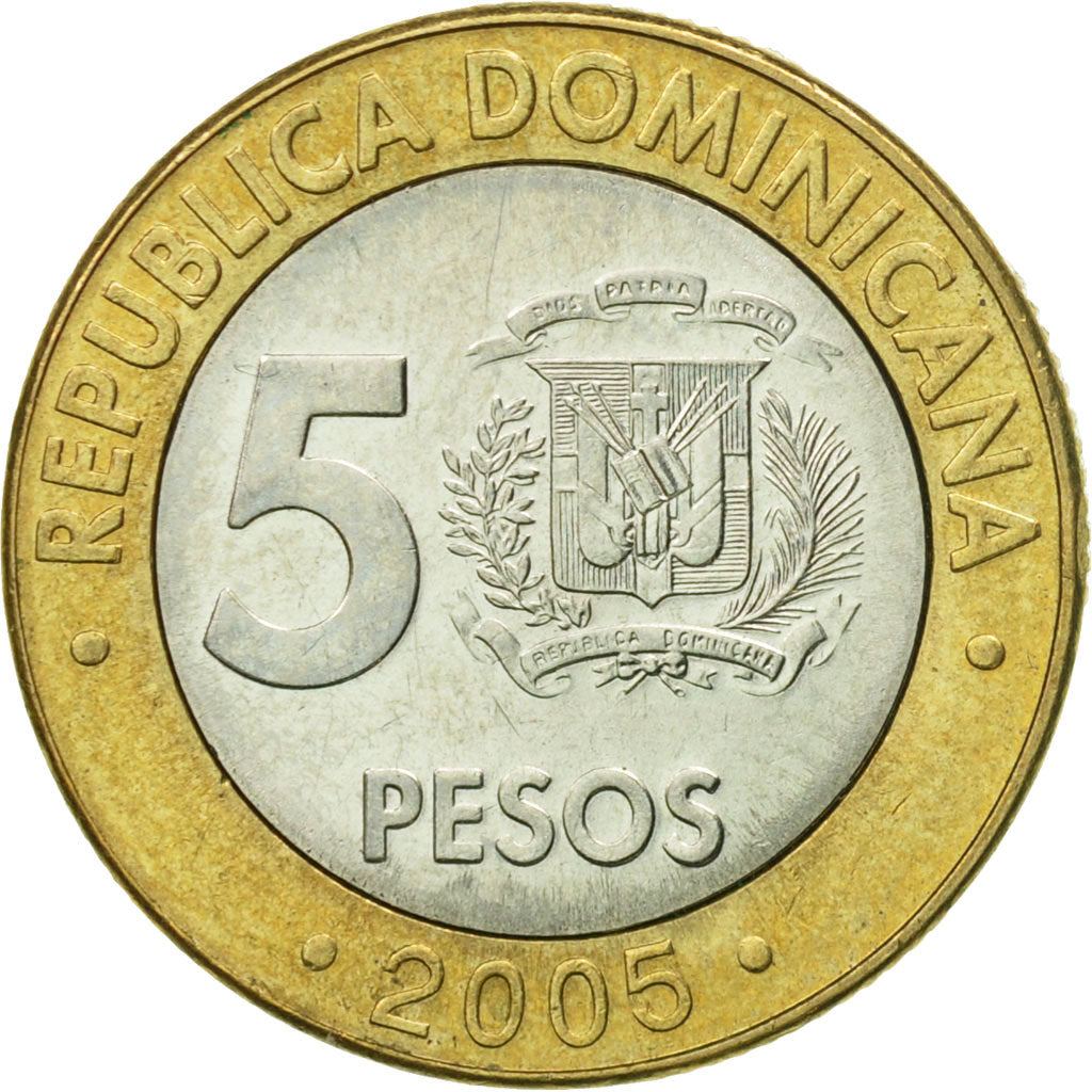 Monnaie, Dominican Republic, 5 Pesos, 2005, TTB+, Bi-Metallic, KM:89