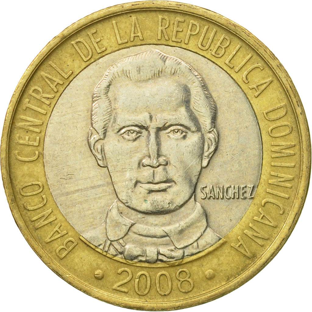 Coin, Dominican Republic, 5 Pesos, 2008, VF(30-35), Bi-Metallic, KM:89