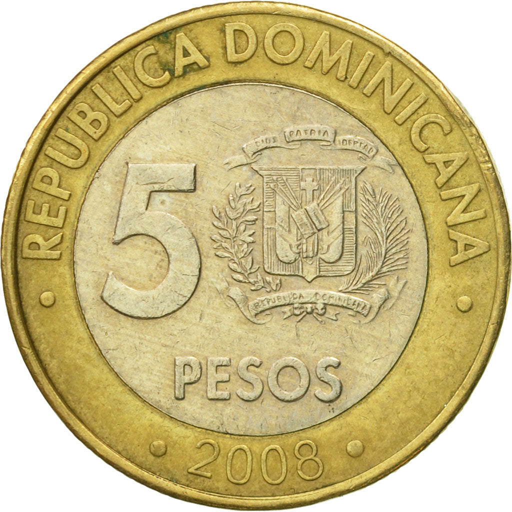 Coin, Dominican Republic, 5 Pesos, 2008, VF(30-35), Bi-Metallic, KM:89