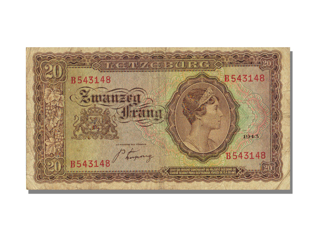 Luxembourg, 20 Frang, 1943, KM #42a, AU(50-53), B