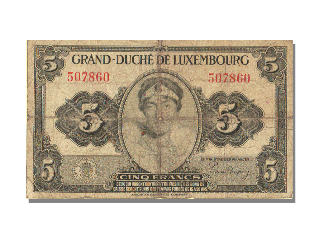 Luxembourg, 5 Francs, KM #43a, VF(30-35)