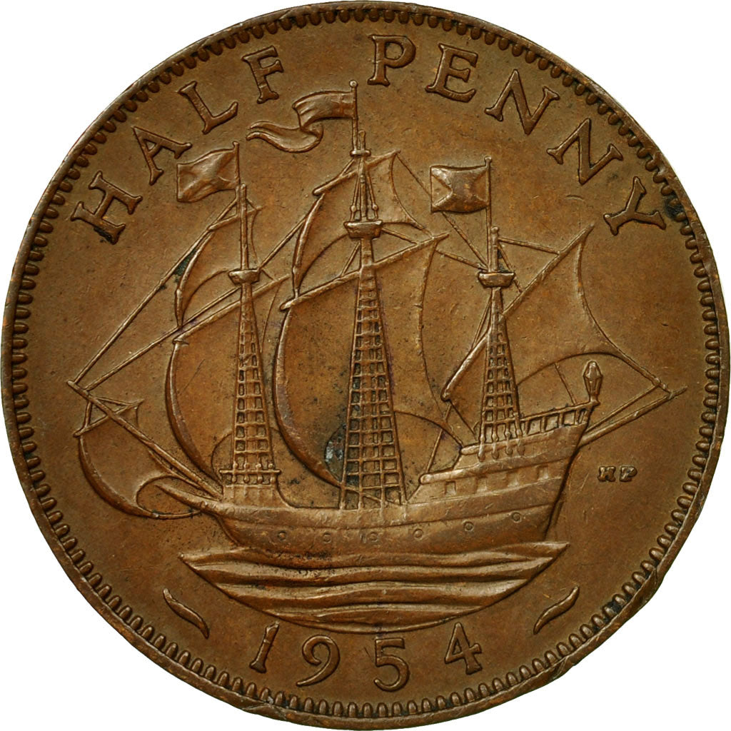 Coin, Great Britain, Elizabeth II, 1/2 Penny, 1954, EF(40-45), Bronze, KM:896