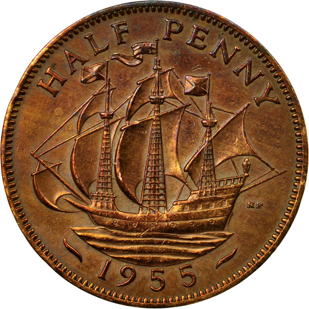 Coin, Great Britain, Elizabeth II, 1/2 Penny, 1955, EF(40-45), Bronze, KM:896