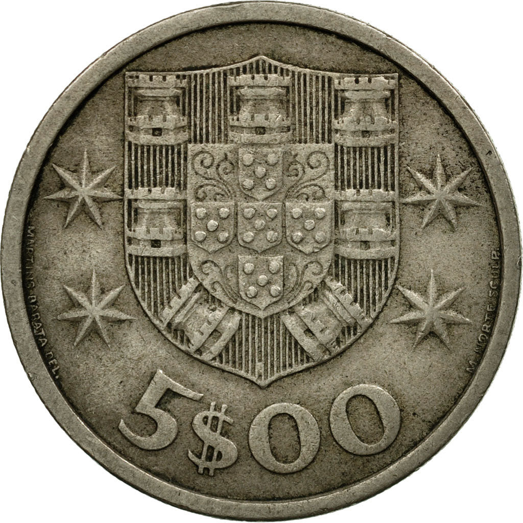Moneta, Portugal, 5 Escudos, 1968, EF(40-45), Miedź-Nikiel, KM:591