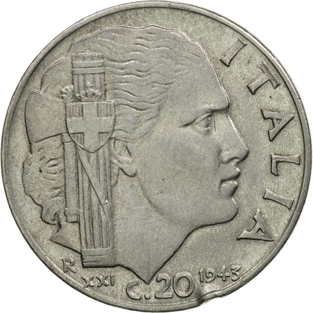 Monnaie, Italie, Vittorio Emanuele III, 20 Centesimi, 1943, Rome, B+, Stainless