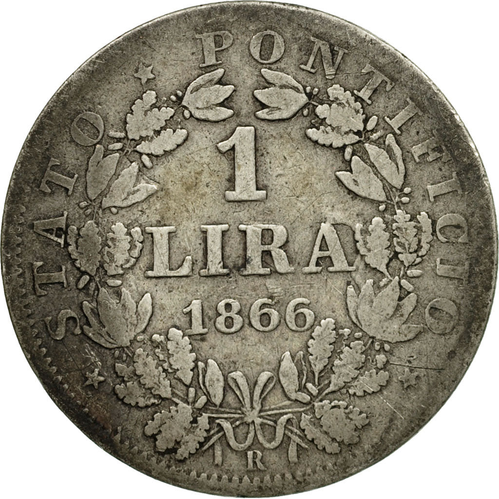Moneda, Estados italianos, PAPAL STATES, Pius IX, Lira, 1866, Milan, BC+, Plata