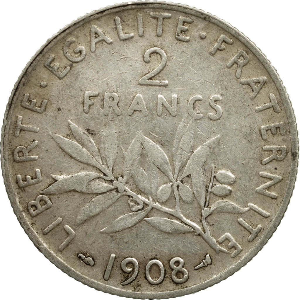Coin, France, Semeuse, 2 Francs, 1908, Paris, F(12-15), Silver, KM:845.1, Le
