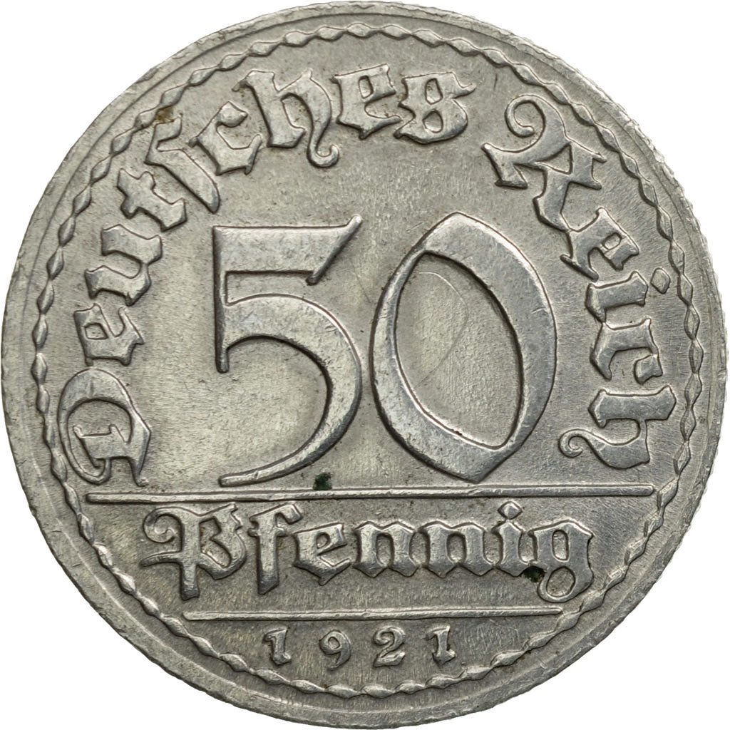 Coin, GERMANY, WEIMAR REPUBLIC, 50 Pfennig, 1921, Munich, AU(50-53), Aluminum
