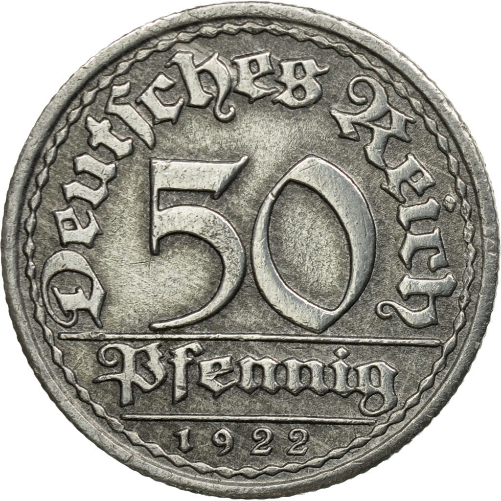 Coin, GERMANY, WEIMAR REPUBLIC, 50 Pfennig, 1922, Stuttgart, AU(50-53)