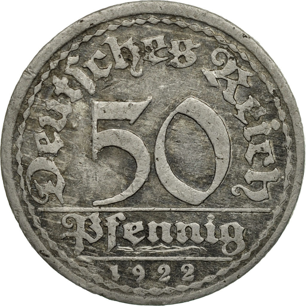 Coin, GERMANY, WEIMAR REPUBLIC, 50 Pfennig, 1922, Stuttgart, VF(20-25)