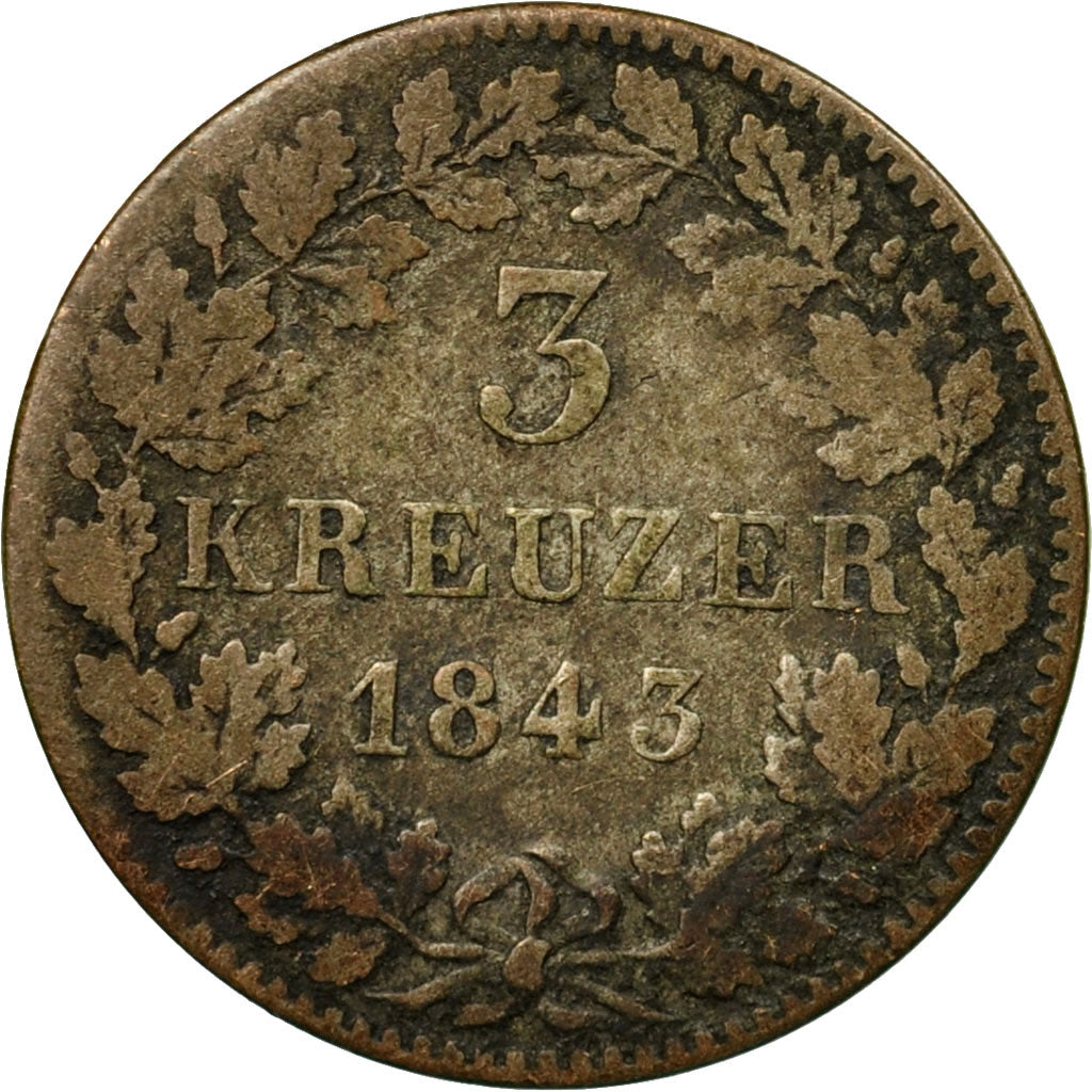 Moneda, Estados alemanes, BAVARIA, Ludwig I, 3 Kreuzer, Groschen, 1843, BC+