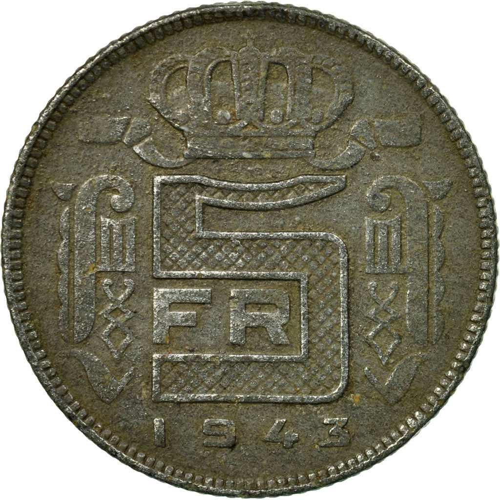 Moneda, Bélgica, 5 Francs, 5 Frank, 1943, BC+, Cinc, KM:129.1