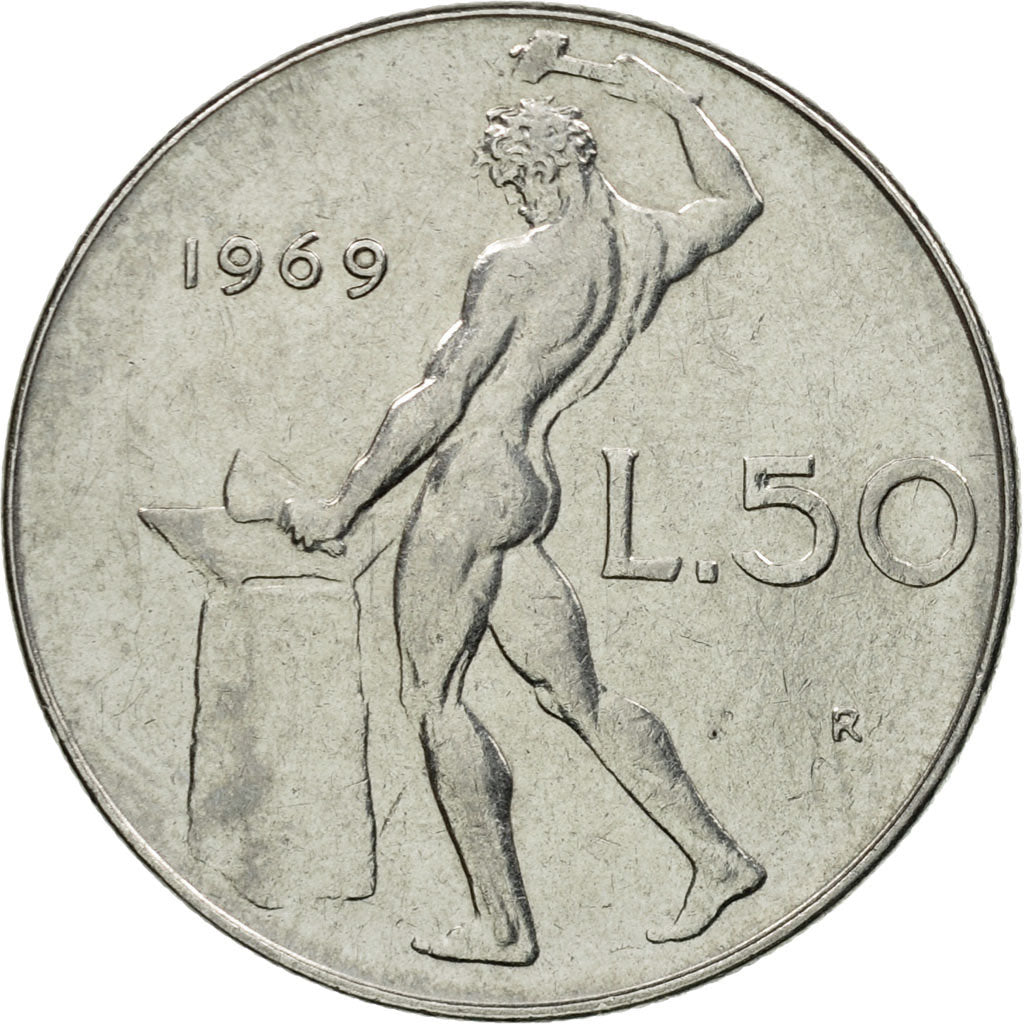 Coin, Italy, 50 Lire, 1969, Rome, VF(30-35), Stainless Steel, KM:95.1
