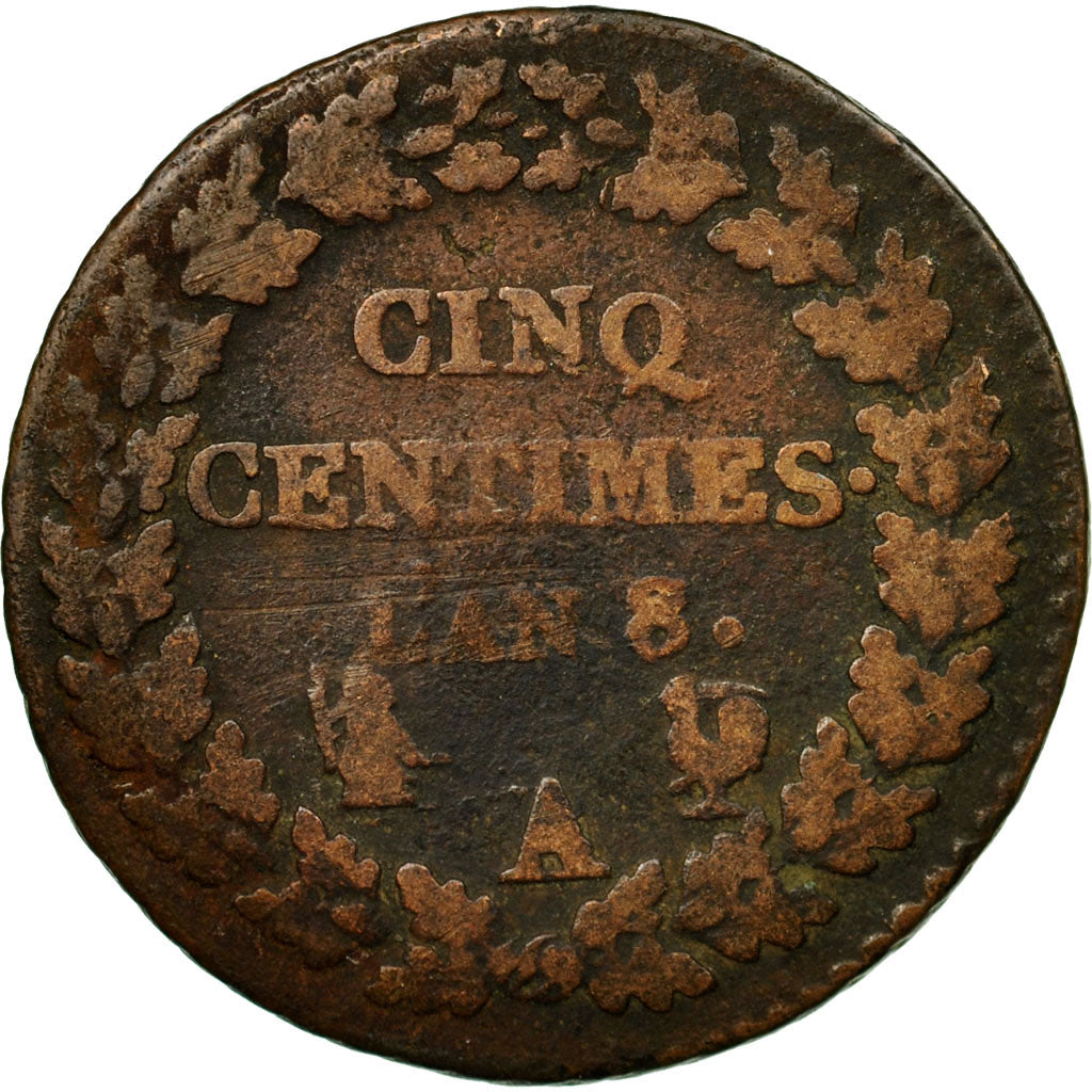 Munten, Frankrijk, Dupré, 5 Centimes, AN 8, Paris, ZG+, Bronze, KM:640.1, Le
